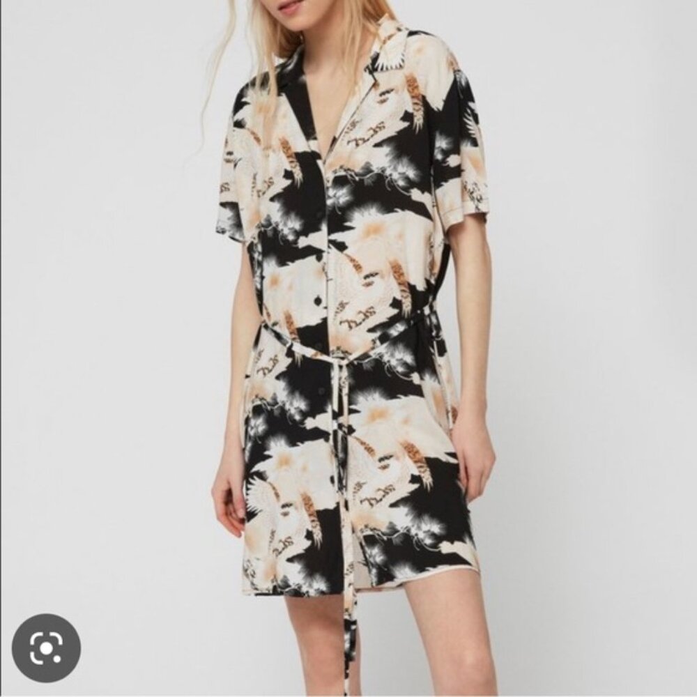 Allsaints Amia Black Cream Bird Talon Print Button Up Mini Shirt Dress